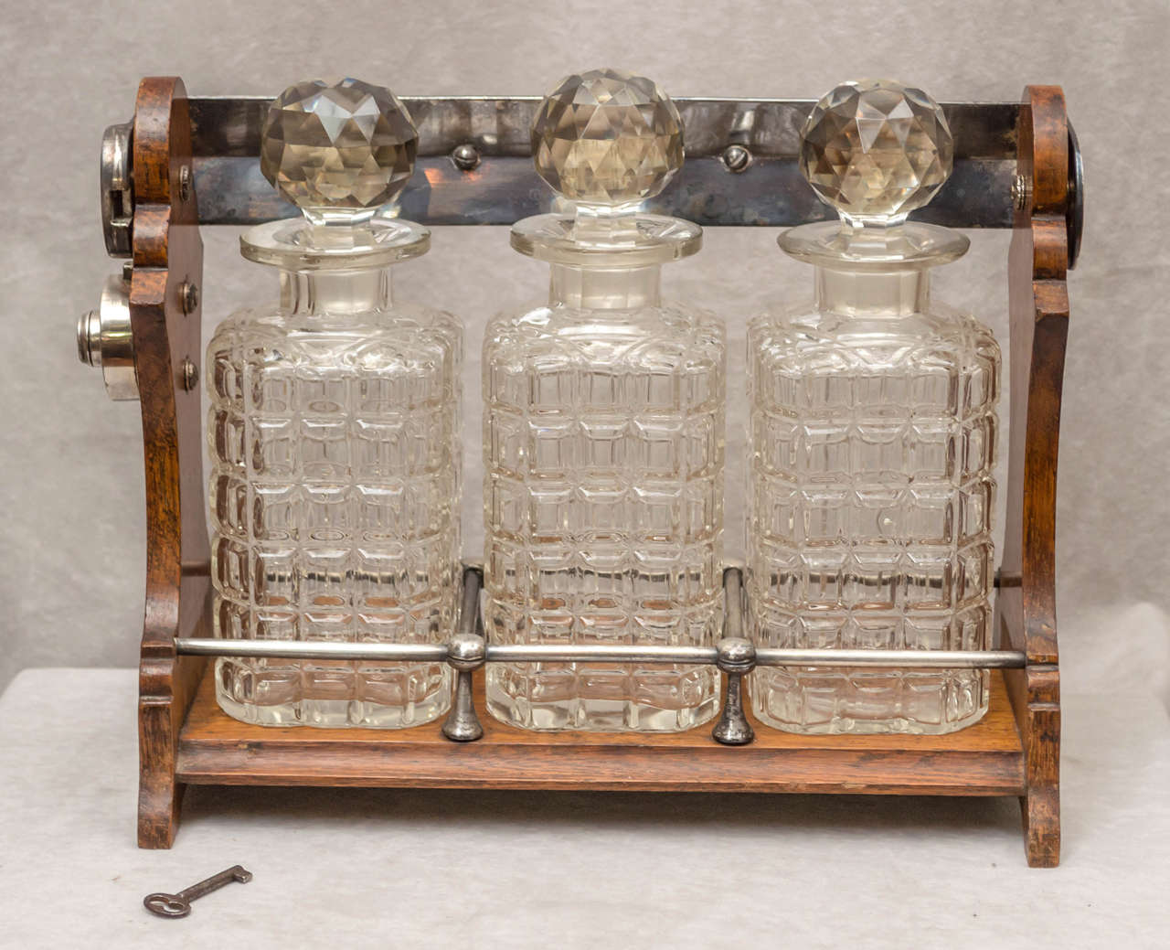 Edwardian Oak Three Bottle Tantalus or Mini Liquor Cabinet