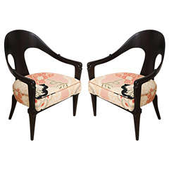 Vintage Pair of Hollywood Regency Style Ebonized Spoon Back Chairs, Donghia Fabric