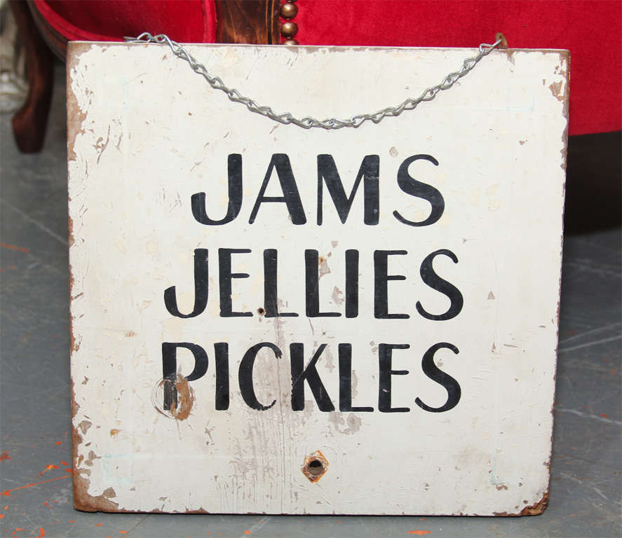 painted wood farm stand sign for jams, jellies and pickles