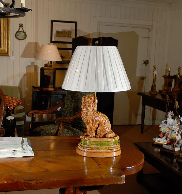 A rare glazed large Pottery Staffordshire Spaniel as Lamp, Mid 19th century.  (20