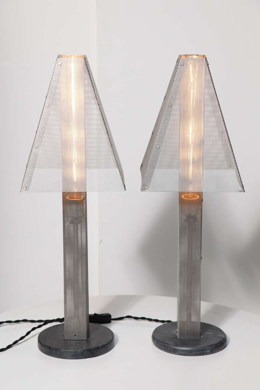 Pair of 1980s Wire Mesh and Marble Lamps with Wire Mesh Shades by Wendy Stevens 1