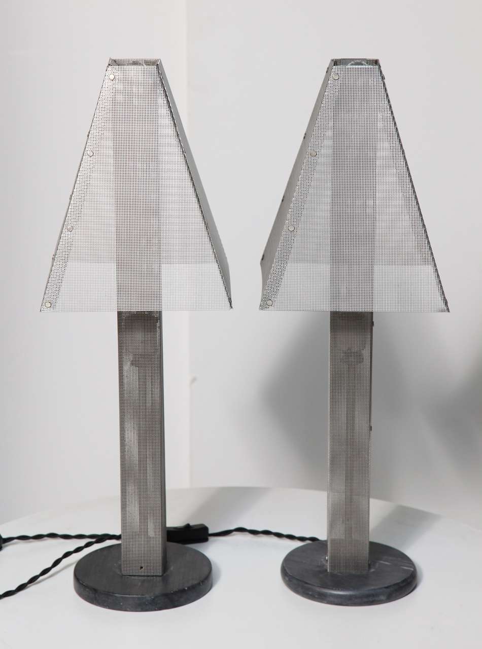 Pair of 1980s Wire Mesh and Marble Lamps with Wire Mesh Shades by Wendy Stevens 2