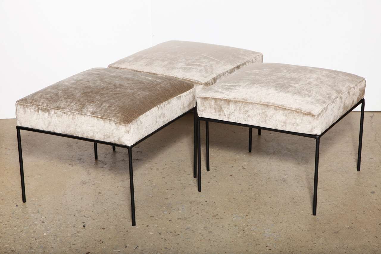 3  classic square Paul McCobb Black Cast Iron Ottomans. Newly upholstered in a Champagne - Taupe crushed velvet