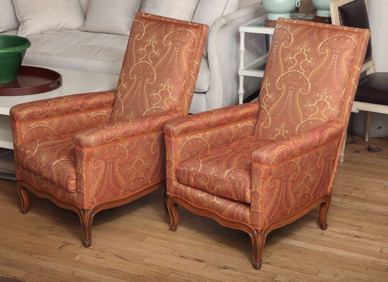 Pair of French Upholstered Walnut Bergeres