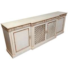 Vintage Long Painted Credenza with Mirrored Grill Front Doors