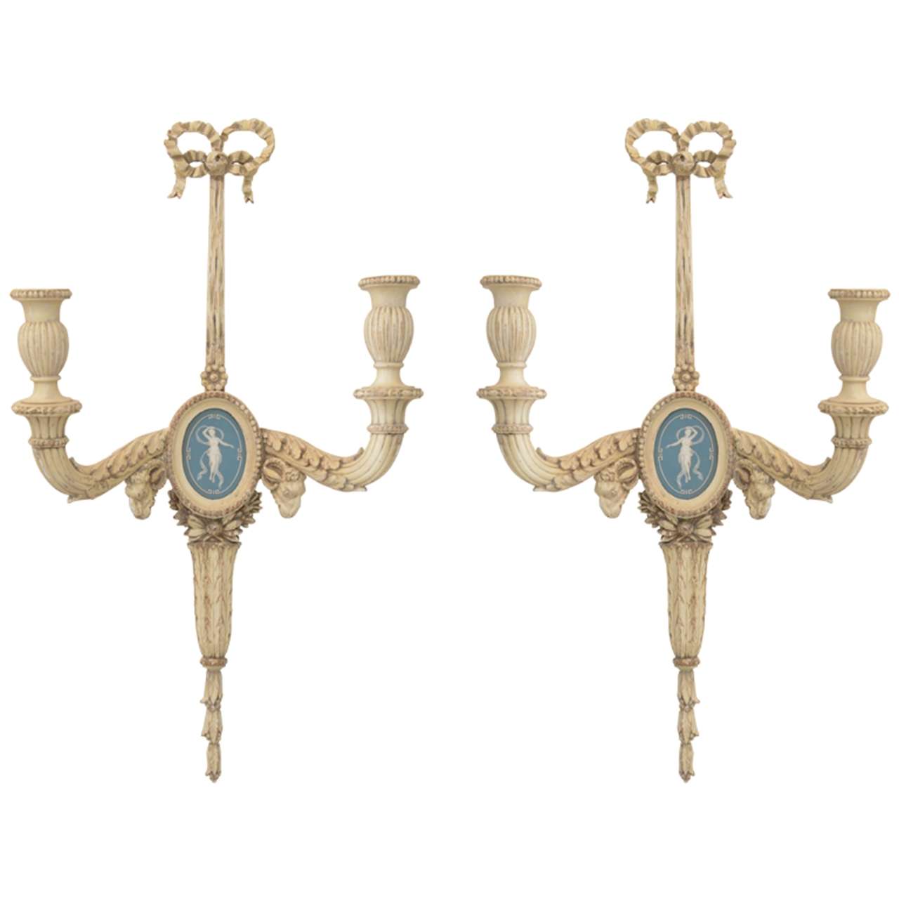 Pair of 19c. Carved Wood Sconces Centered by Wedgewood Bisque Plaques.