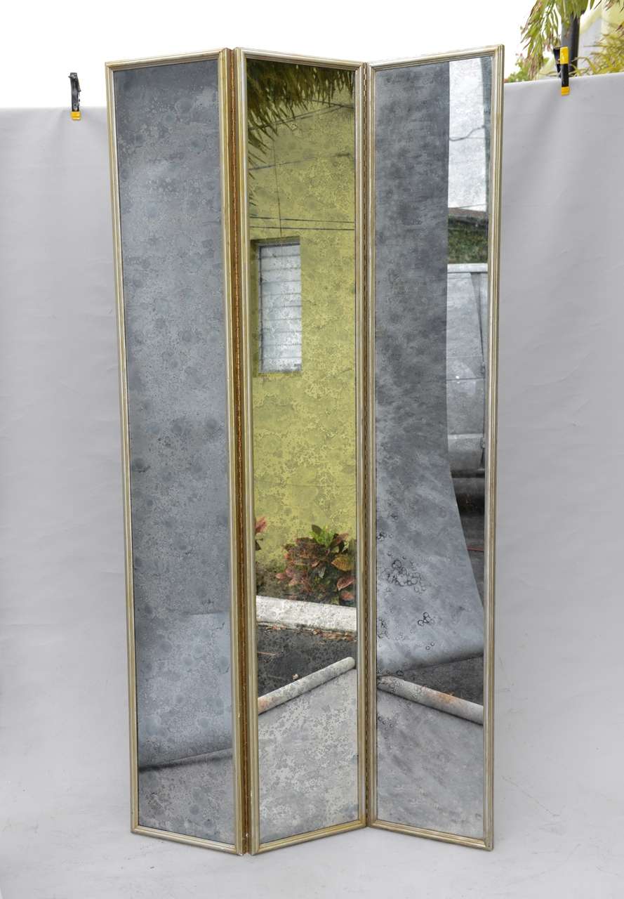 Pair of Vintage Mirrored Three Panel Screens In Excellent Condition In West Palm Beach, FL