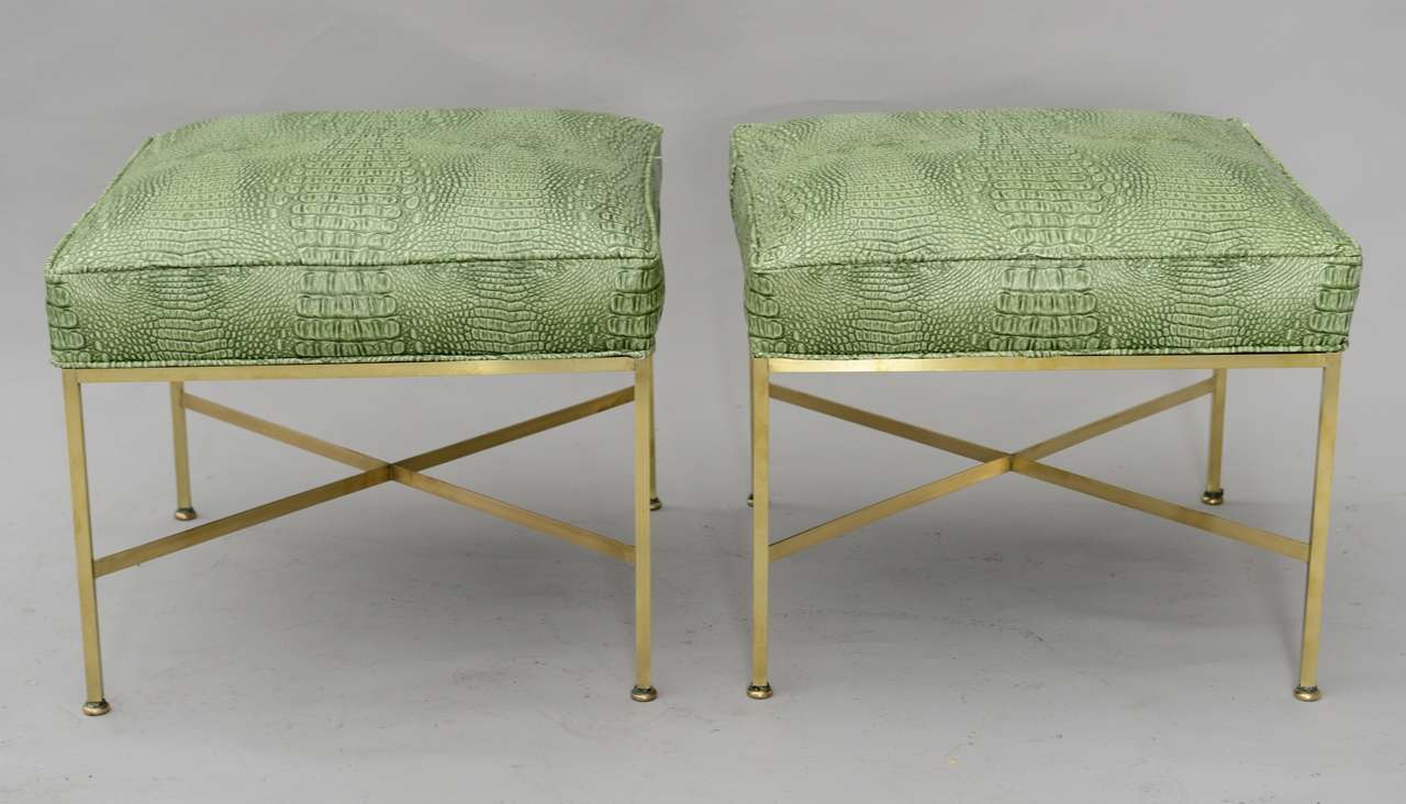 Pair of stools, of brass, each seat upholstered in green faux 