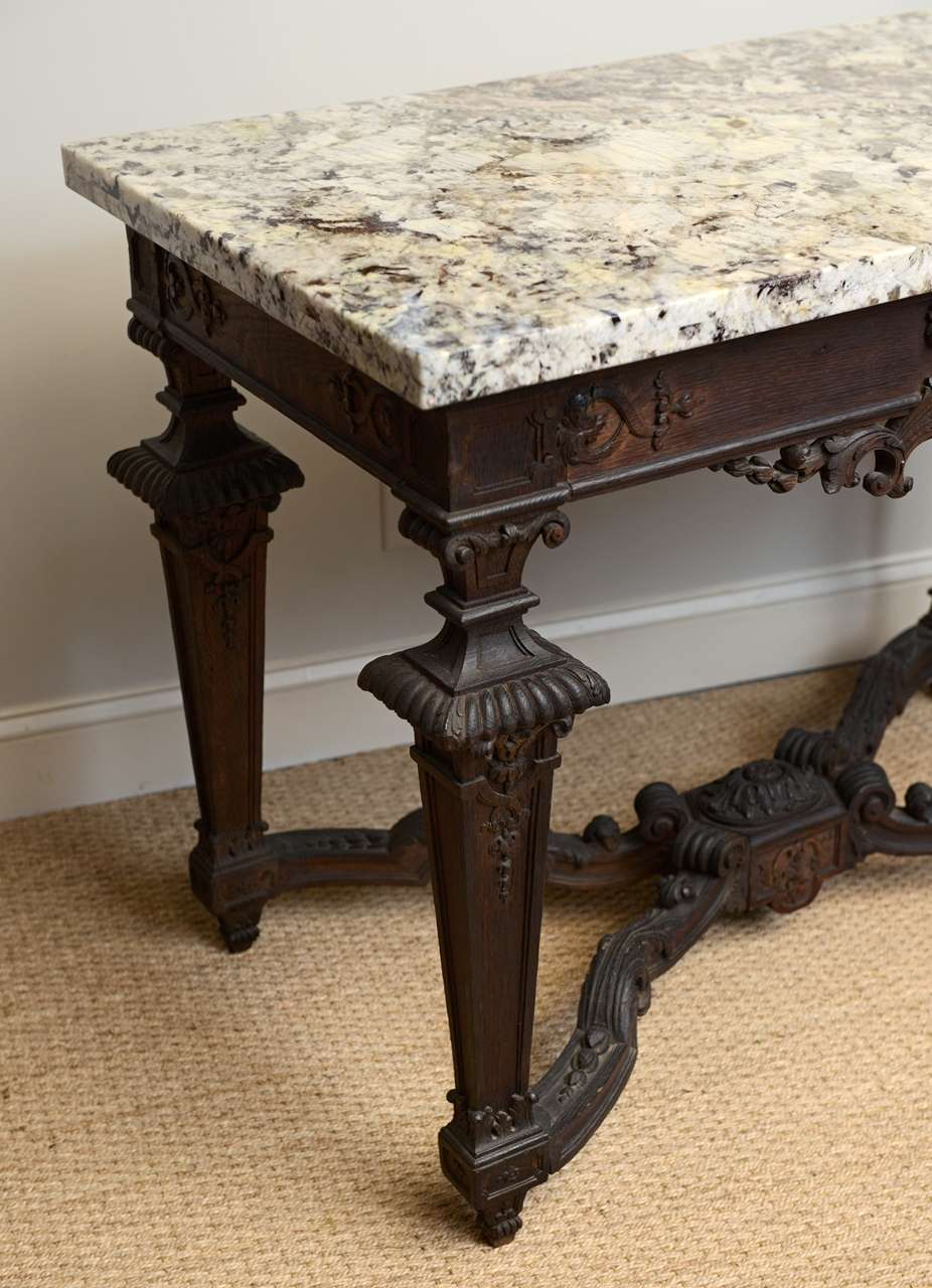 Finely Carved 19c. Oak Console Table With Granite Top For Sale at