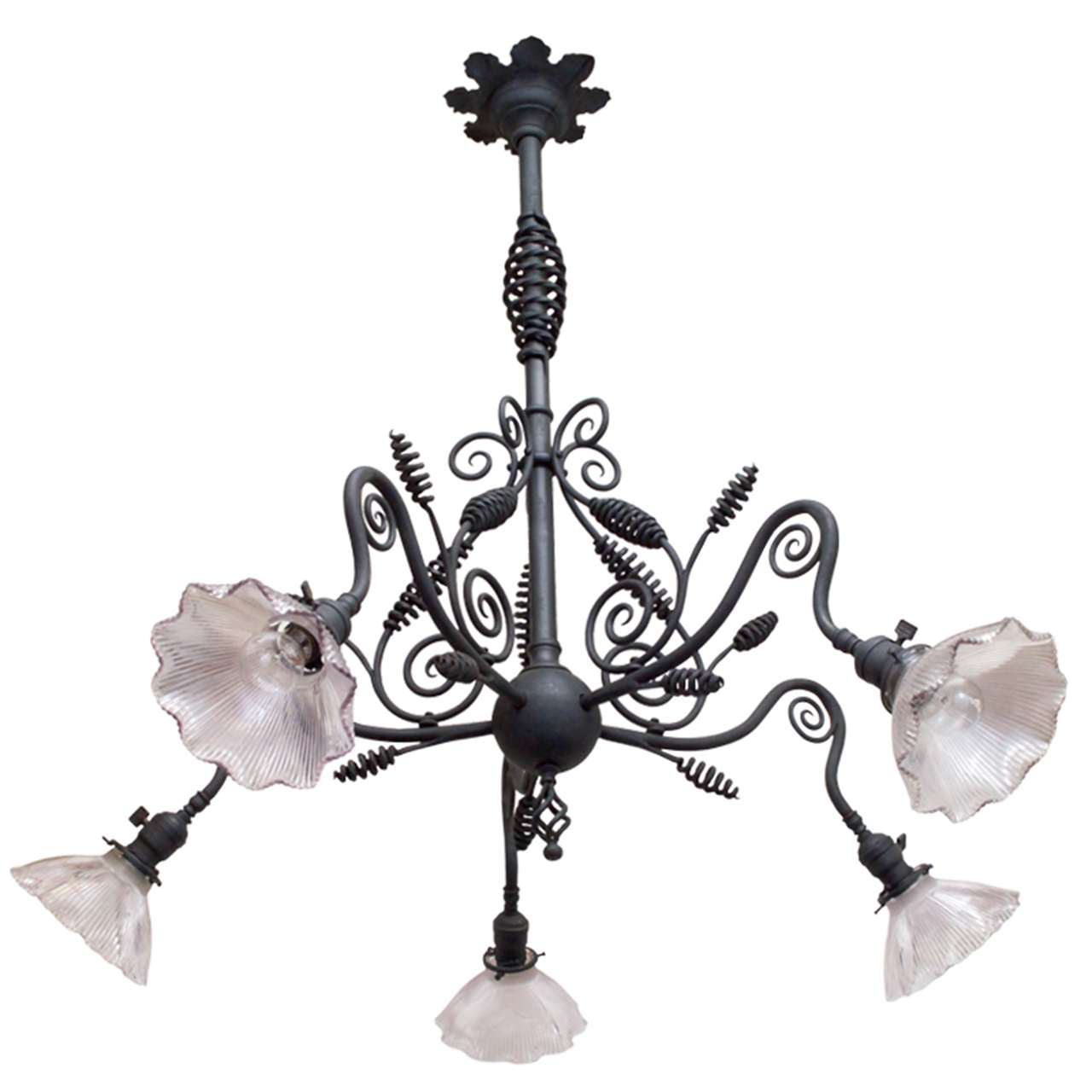 Graceful Industrial, Victorian Wrought Iron Five-Arm Chandelier