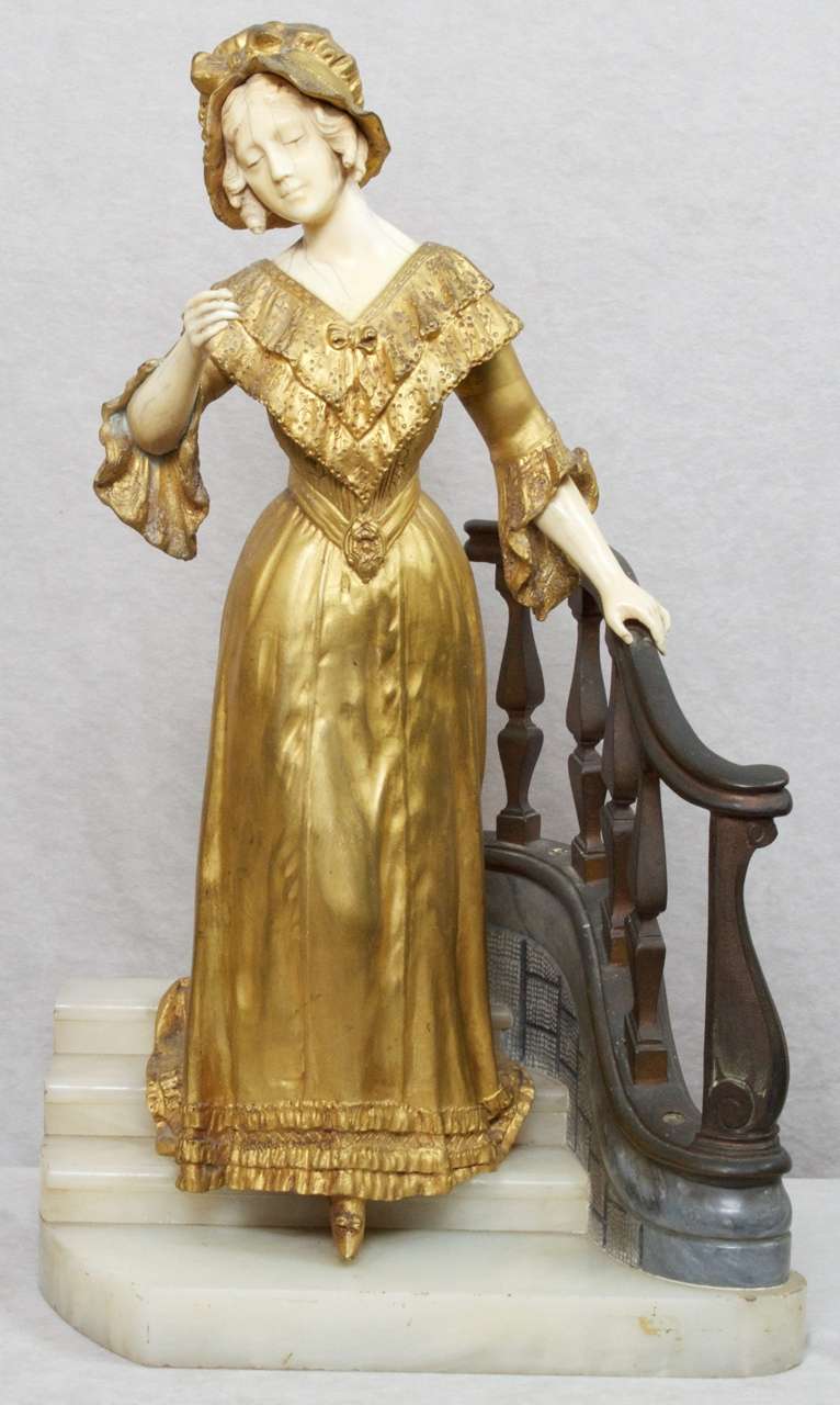 Baroque Bronze and Ivory Statue Woman Descending Staircase