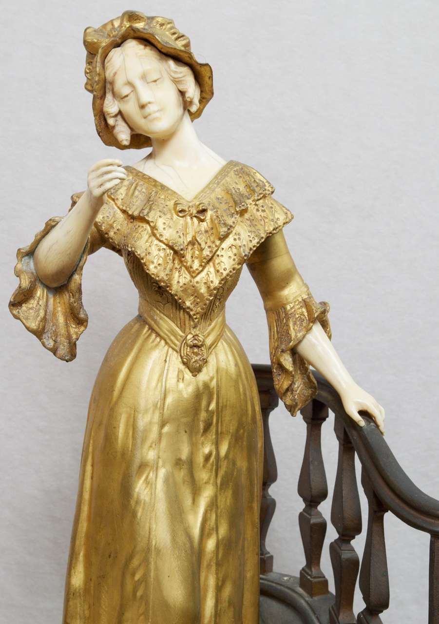 French Bronze and Ivory Statue Woman Descending Staircase