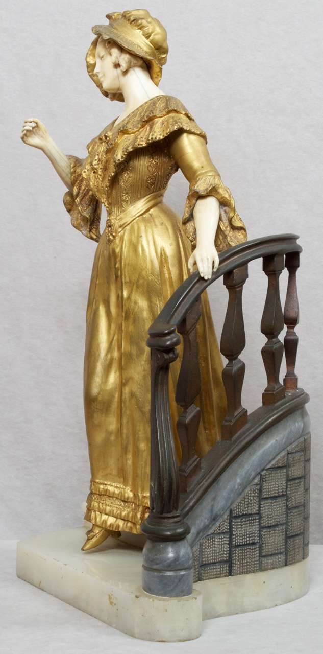 19th Century Bronze and Ivory Statue Woman Descending Staircase