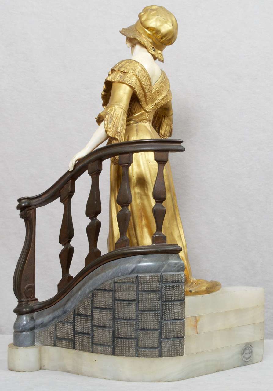 Ormolu Bronze and Ivory Statue Woman Descending Staircase
