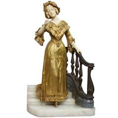 Antique Bronze and Ivory Statue Woman Descending Staircase