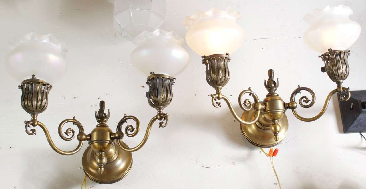 Pair of Double Arm Sconces with Steuben Glass