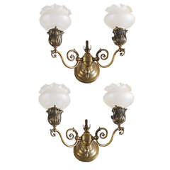 Pair of Double Arm Sconces with Steuben Glass