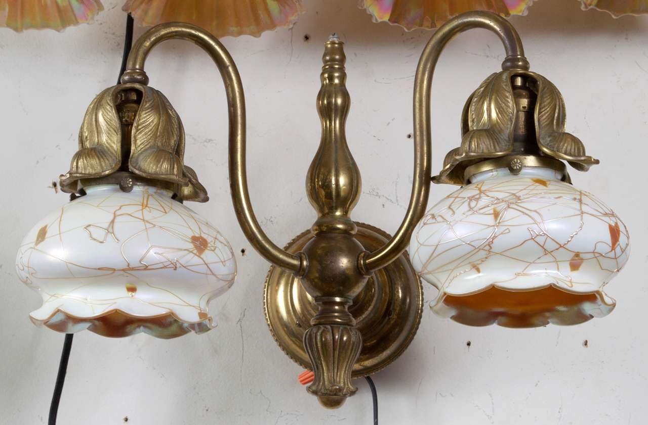 Pair of Art Nouveau Sconces with Steuben Shades