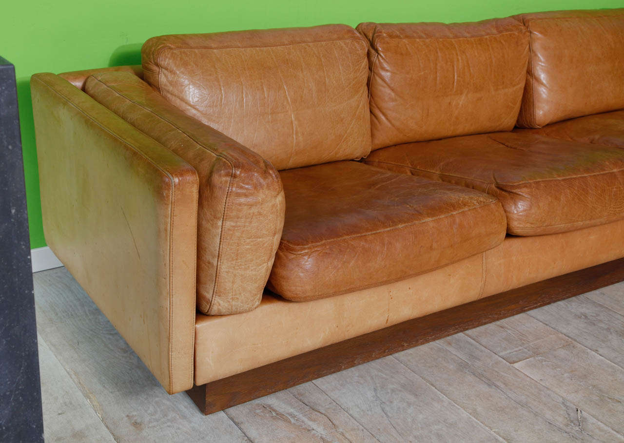 L Shaped Leather and Wood Sofa 1970 1