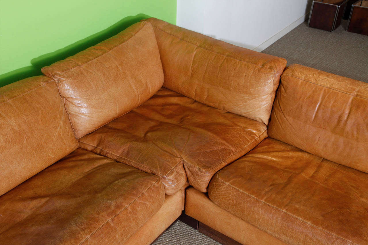L Shaped Leather and Wood Sofa 1970 4