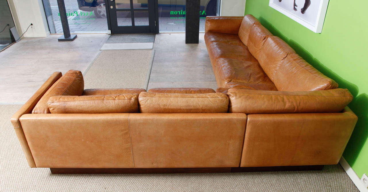 L Shaped Leather and Wood Sofa 1970 5
