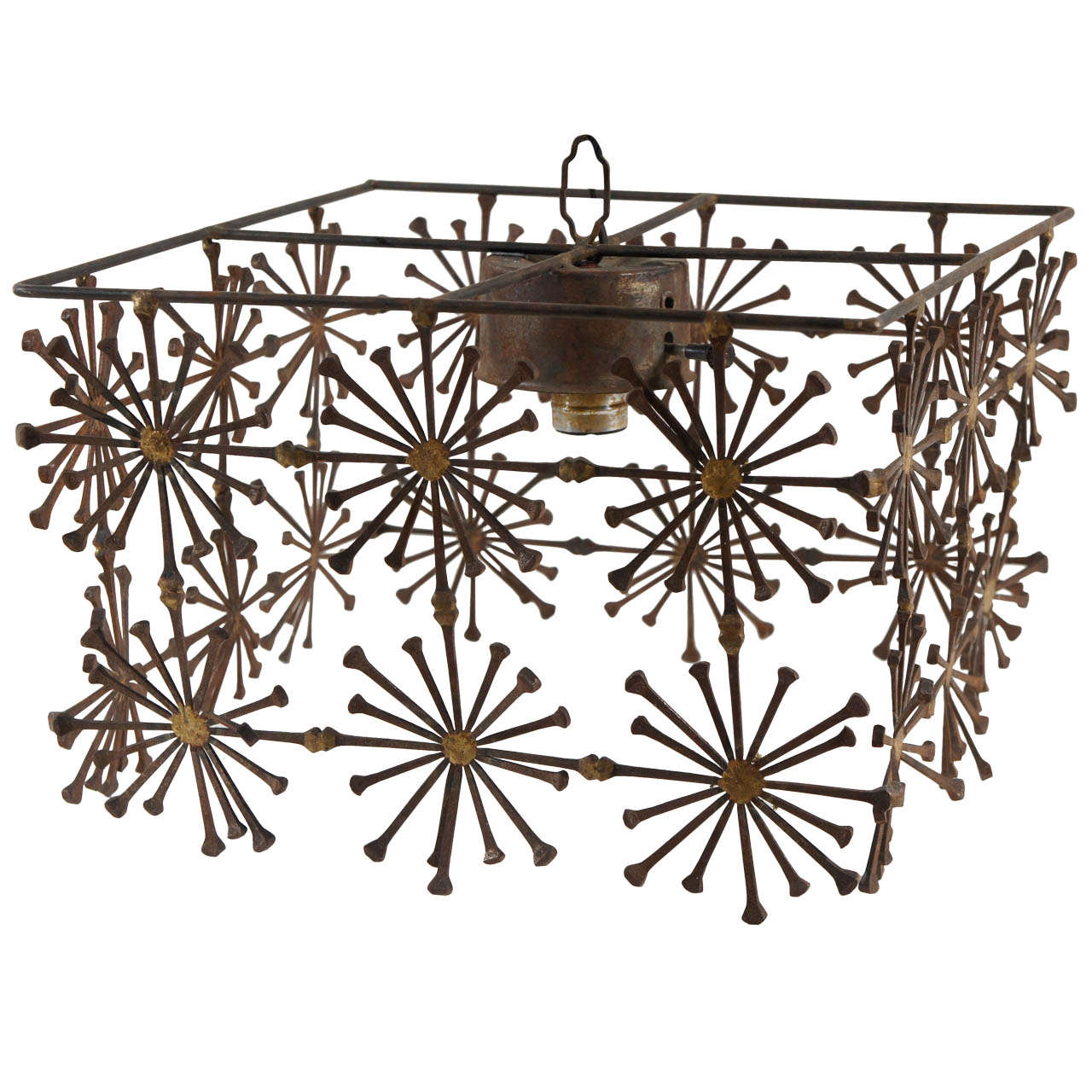 A Boxed Iron Chandelier with Sunburst Detail