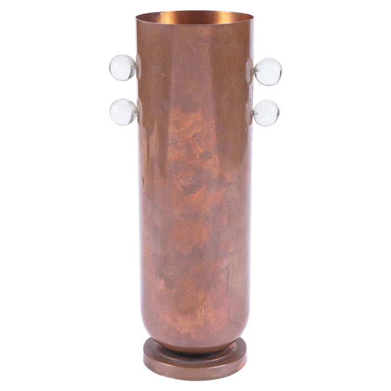 Bauhaus Influenced Art Deco Copper Vase With Lucite Ornamentation