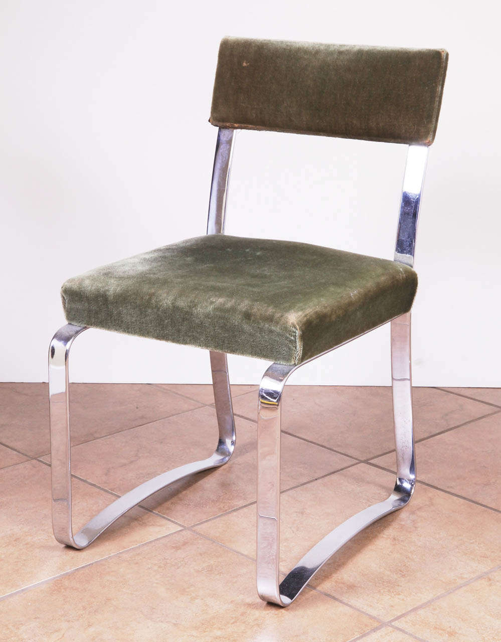 Super wide, thickly chromed flat-band chair by McKay.
Original sage-green mohair in vintage used condition.

Classic McKay convex leg stretchers, canted-back and large screw caps.

Really great substantial version, surpassing quality of Hoffman