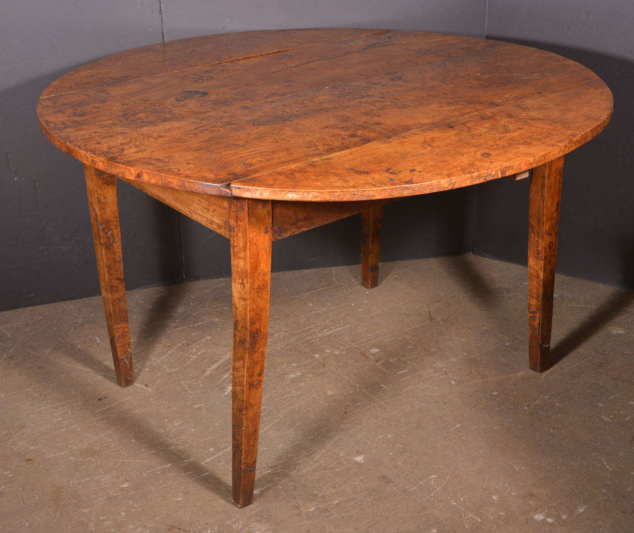 19th c. Burlwood Drop Leaf Table with tapered legs