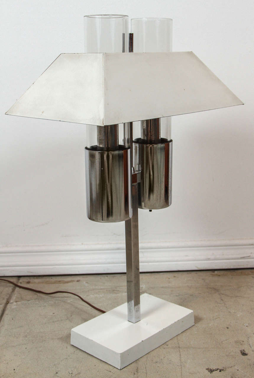 Pair of chrome, painted steel and glass bankers lamps by Raymor, 1965.