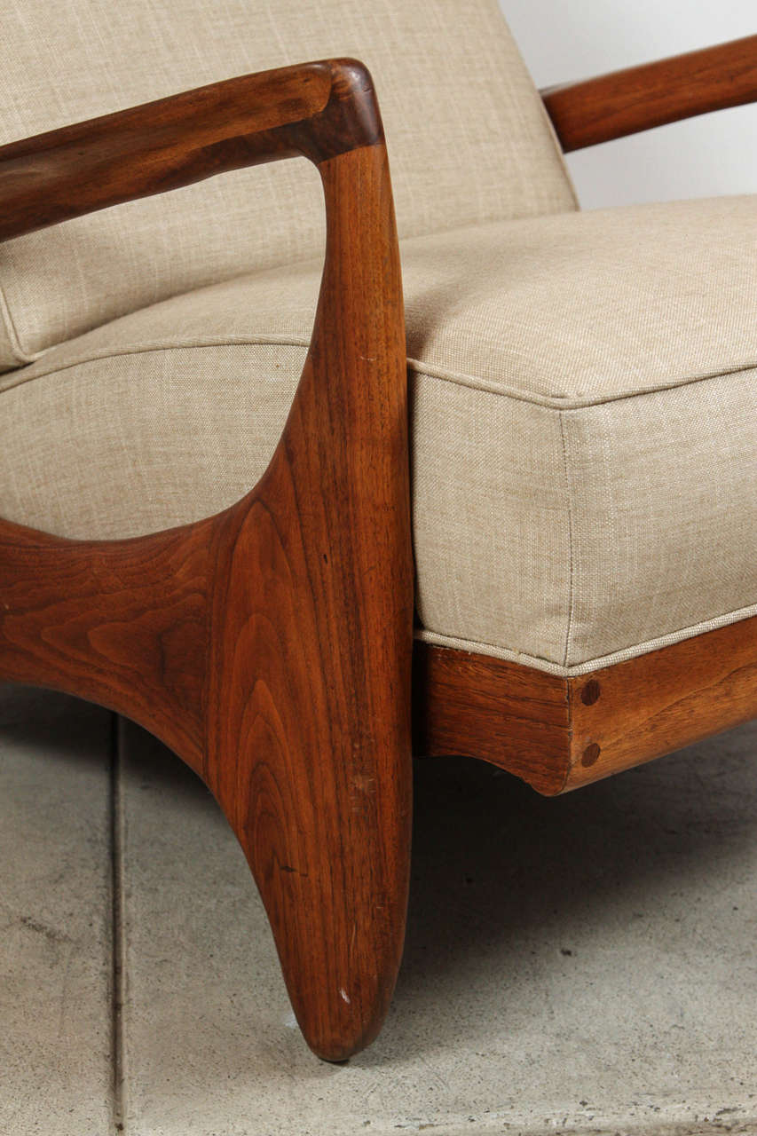 Mid-20th Century Walnut and Linen Lounge Chair by Allen Ditson
