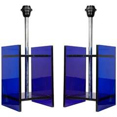 Pair Of Blue Plexiglas 1970
s Lamps