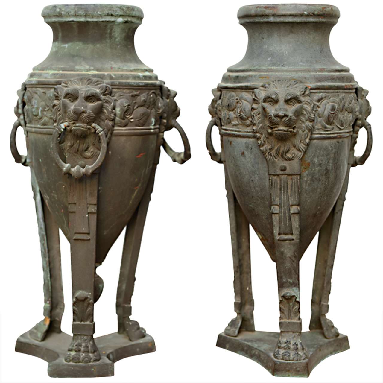 Pair of English Patinated Bronze Athenienne Form Urns, 19th Century For Sale