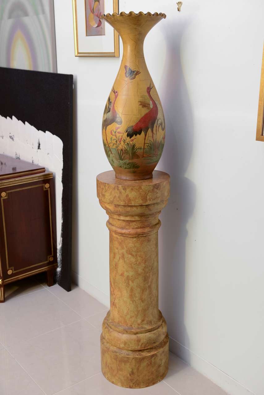 French Fine Pair of Glazed Terra Cotta Urns on Stands, France 19th Century For Sale