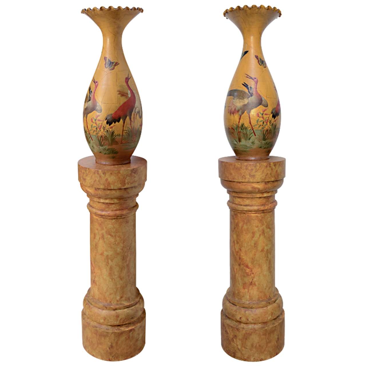 Fine Pair of Glazed Terra Cotta Urns on Stands, France 19th Century For Sale