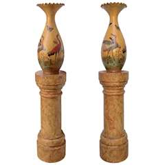 Fine Pair of Glazed Terra Cotta Urns on Stands, France 19th Century