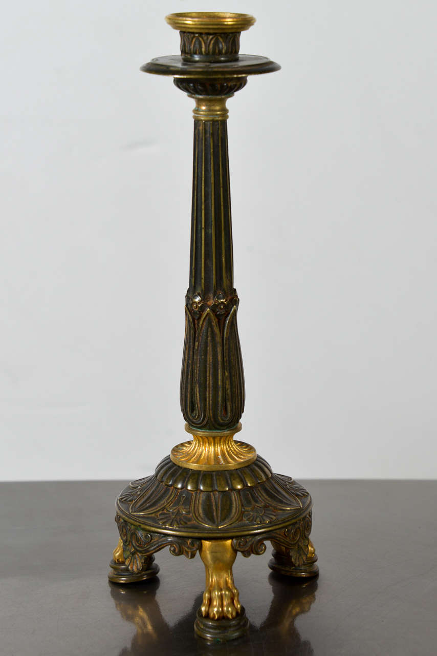 English Pair of Neoclassical Bronze and Gilt Bronze Candlesticks