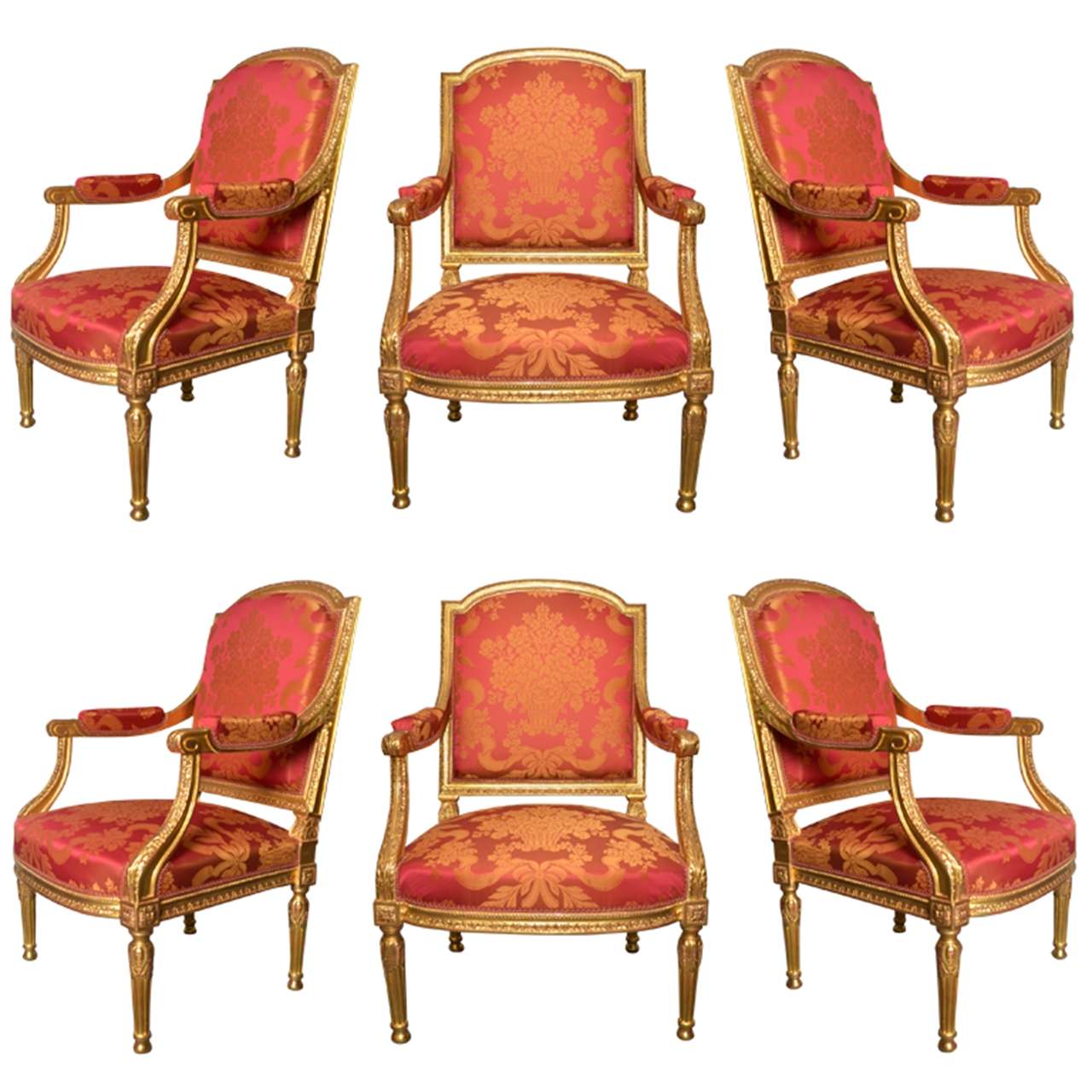 Gorgeous Set Of 6 Gilded Wood Armchairs For Sale