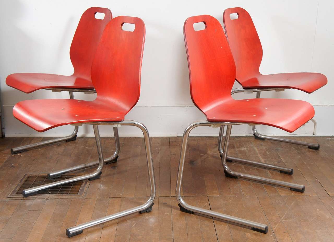 Set of French Bent Plywood Stacking Chairs, original label and stamp in beautiful original red color, circa 1970's