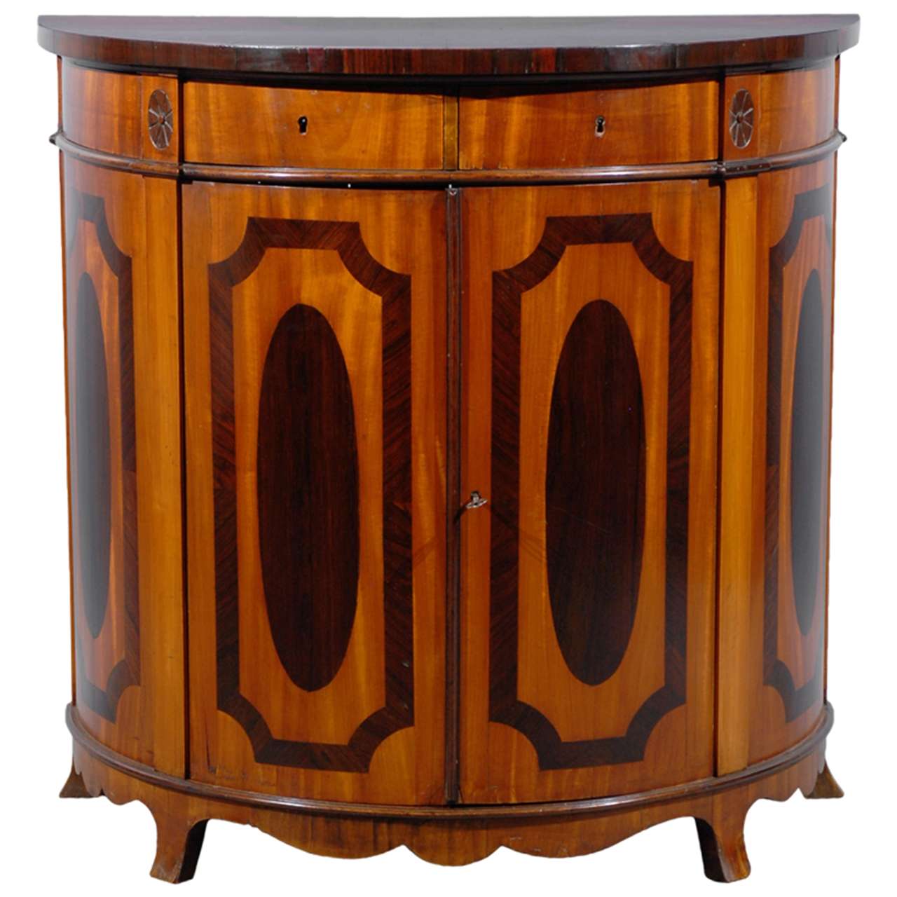 19th Century Biedermeier Demi-Lune Cabinet in Fruitwood and Rosewood. 