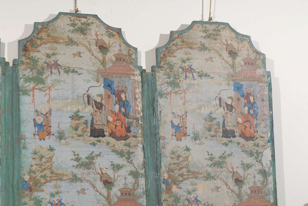 19th Century 3 Panel Paper Folding Screen in Chinoiserie Decoration