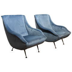Italian Mid-Century Sky Blue Velvet Armchairs in the Style of Gio Ponti