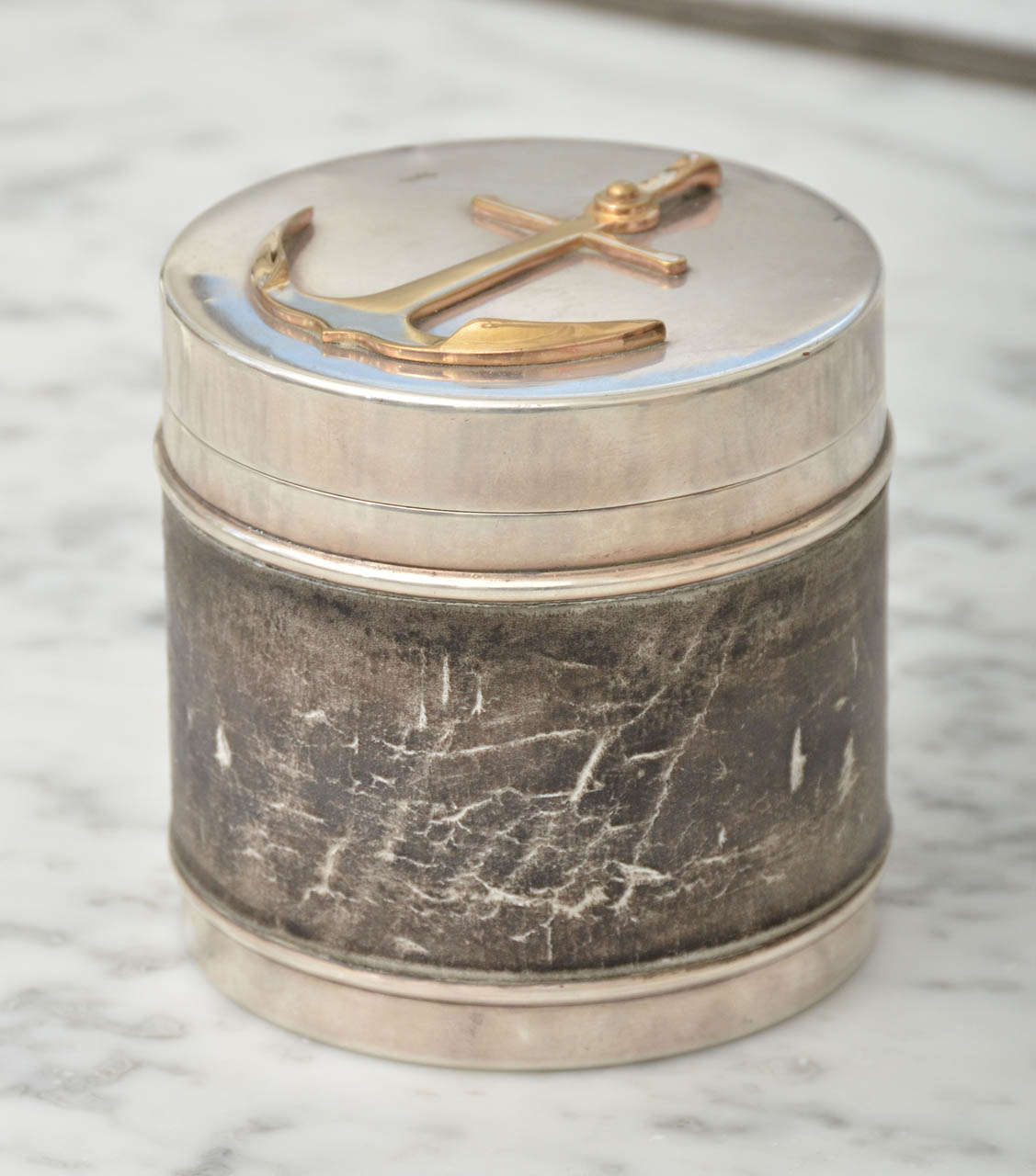 Stunning 1950's Hermes Round Leather and Silver Plate Box with Brass Anchor Detail. Originally used as a cigarette box, the brass insert is removable.