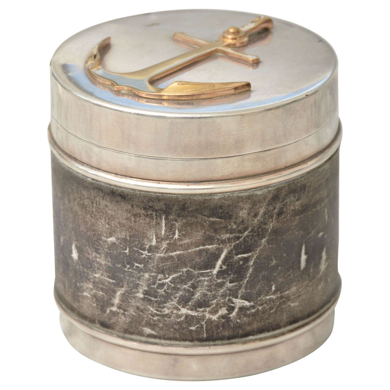 1950's Hermes Round Leather and Silver Plate Box with with Anchor Detail