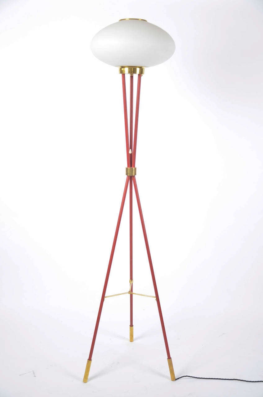 1950's red lacquered,brass and white opaline glass floor lamp attributed by
Stillux.Rewired