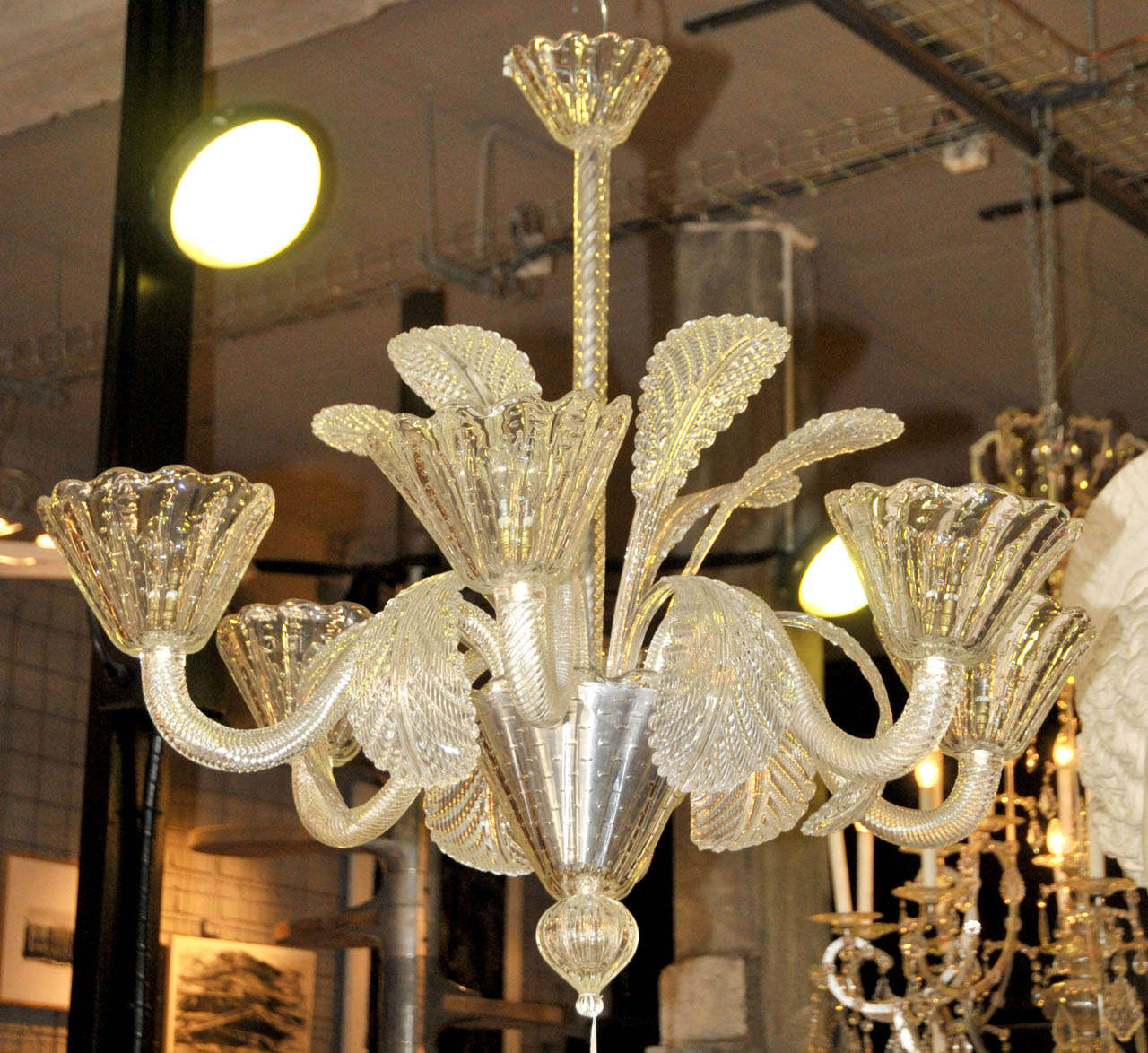 1950's Murano glass chandelier. Bubbled glass. Six lighted arms. Wired for European use. Good condition. Normal wear consistent with age and use.