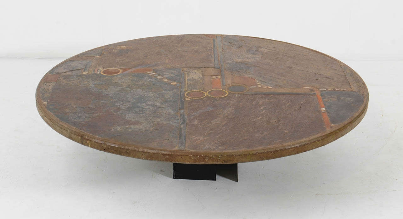 Truly amazing one-of-a-kind coffee table by Dutch artist Paul Kingma. Very beautiful of precious gem stones and copper industrial parts in a pattern of warm autumn colors. In excellent condition; signed Kingma '84