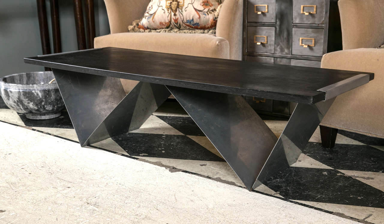 Modern Geometric Style, Wood and Steel Coffee Table In Good Condition In Stamford, CT