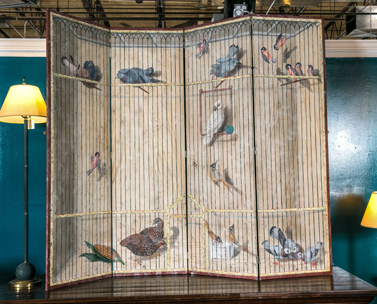 Hand painted four panel paper screen, various birds.  back hand painted faux bois.