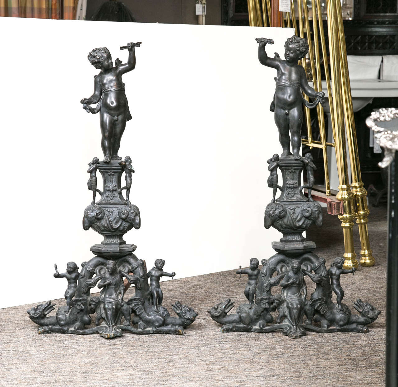 Massive Pair of 19th c. French bronze Andirons from a important Newport, RI house.